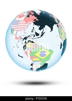 Caribbean on political globe with shadow isolated on white background. 3D illustration. Stock Photo