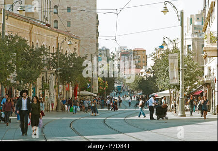 Jaffa Street, behind the new tram, Light Rail Transit, Jerusalem, Israel Stock Photo