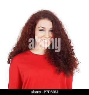 happy young woman with a big toothy smile and curly hair, isolated on white Stock Photo