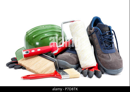 Work tools and safety equipment for professional house painter isolated on white background Stock Photo