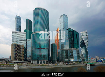 Skyline of Moscow City, with (from left) Oko Tower, Eurasia Tower, Naberezhnaya Tower, Mercury City Tower, Gorod Stoliz Towers, Stock Photo