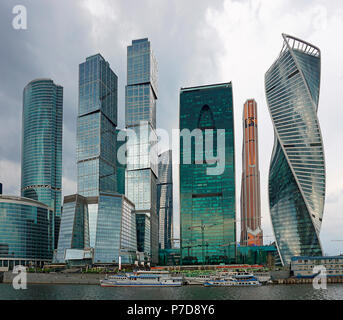 Skyline of Moscow City, with (from left) Naberezhnaya Tower, Gorod Stoliz Towers (Moskva and Saint-Peterburg), Imperia Tower Stock Photo