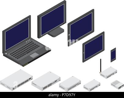 Isometric vector illustration of network devices Stock Vector