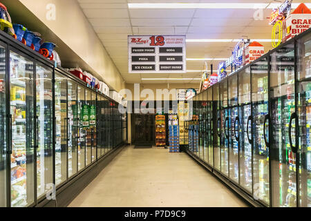 Drinks and frozen food aisle in a McKay's market in Bandon, Oregon. Stock Photo