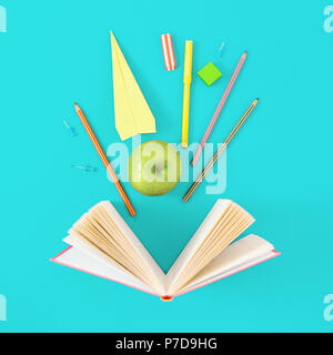 Opened book with school supplies on blue background. Top view minimalist education background Stock Photo