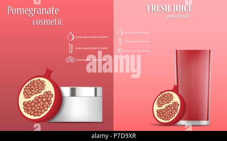 Pomegranate juice seed banner set, realistic style Stock Vector
