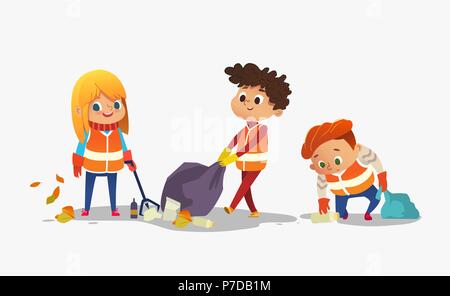 Two boys and girl wearing orange vests collect rubbish for recycling, Kids gathering plastic bottles and garbage for recycling. Early childhood education.Vector. isolated. Stock Vector