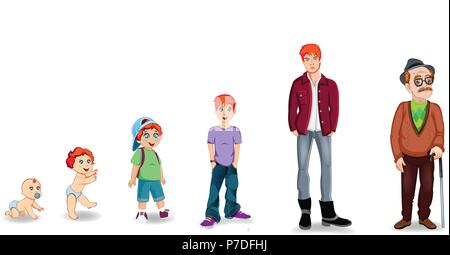 Character man in different ages. Baby, child, teenager, adult, elderly person. The life cycle. Generation of people and stages of growing up. Vector i Stock Vector