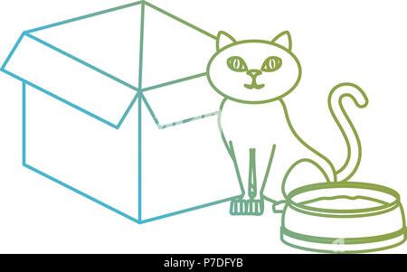 cute cat pet with dish and box character Stock Vector