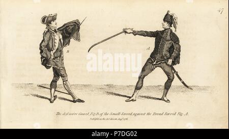Defensive guard of the small sword (B) against an attack by the broad sword (A). Copperplate engraving by after an illustration by Thomas Rowlandson from Mr. Domenico Angelo's The School of Fencing, London, 1787. Stock Photo