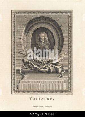 Voltaire, Francois-Marie Arouet, French writer and historian. Copperplate engraving by William Walker from The Copper Plate Magazine or Monthly Treasure, G. Kearsley, London, 1778. Stock Photo