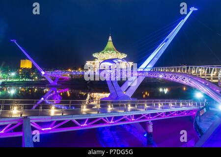 Darul Hana Bridge (Jambatan Darul Hana) is best known as the golden bridge built across the Sarawak river. Stock Photo