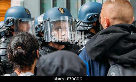 Paris, France - June 1st, 2018: French riot police in a protest in Paris for the sans papiers migrants Stock Photo