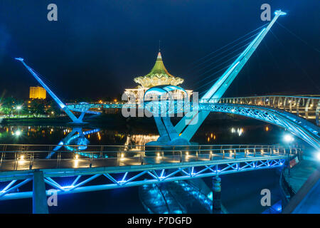 Darul Hana Bridge (Jambatan Darul Hana) is best known as the golden bridge built across the Sarawak river. Stock Photo