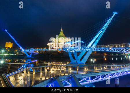 Darul Hana Bridge (Jambatan Darul Hana) is best known as the golden bridge built across the Sarawak river. Stock Photo