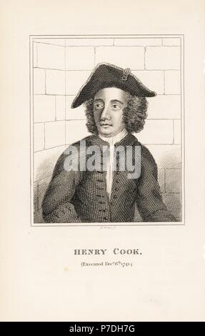 Henry Cook, notorious highwayman hanged at Tyburn, 1741. Copperplate engraving by R. Grave from John Caulfield's Portraits, Memoirs and Characters of Remarkable Persons, Young, London, 1819. Stock Photo