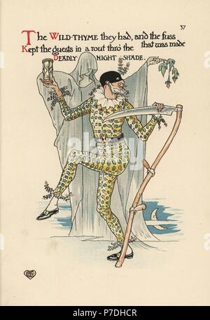 Flower fairies of wild thyme, Thymus serpyllum, as a Harlequin clown with mask, scythe and hourglass, and deadly nightshade, Atropa belladonna, as a ghoul or specter with poison berries. Chromolithograph after an illustration by Walter Crane from A Flower Wedding, Cassell, London, 1905. Stock Photo