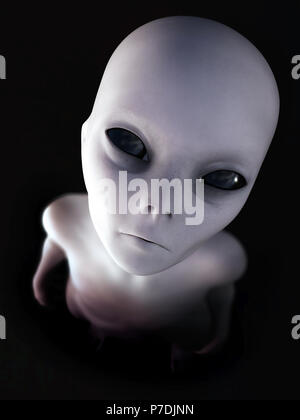 Portrait of a gray alien standing and looking up at you, 3D rendering. Black background. Stock Photo