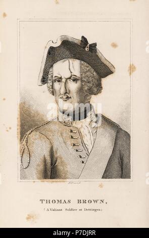 Thomas Brown, valiant English soldier at Dettingen who recaptured the regimental standard despite receiving eight sword cuts and two musketballs. Copperplate engraving by R. Grave from John Caulfield's Portraits, Memoirs and Characters of Remarkable Persons, Young, London, 1819. Stock Photo