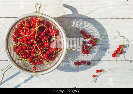 Red currant in a colander on a white wooden table Stock Photo