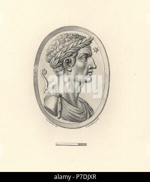 Julius Caesar, Roman statesman, general and writer, in laurel wreath. Copperplate engraving by Francesco Bartolozzi after a design by Giovanni Battista Cipriani from 108 Plates of Antique Gems, 1860. The gems were from the Duke of Marlborough's collection. Stock Photo