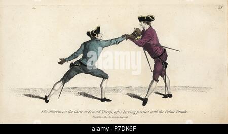 Gentleman fencer disarming his opponent on the Carte or Second Thrust, after parrying with the Prime Parade. Handcolored copperplate engraving after an illustration by Thomas Rowlandson from Mr. Domenico Angelo's The School of Fencing, London, 1787. Stock Photo