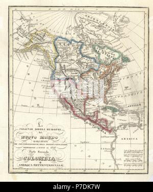 Map of the European colonies in the New World (North and Central America), 1846. Handcoloured copperplate engraving from Giulio Ferrario's Ancient and Modern Costumes of all the Peoples of the World, Florence, Italy, 1837. Stock Photo