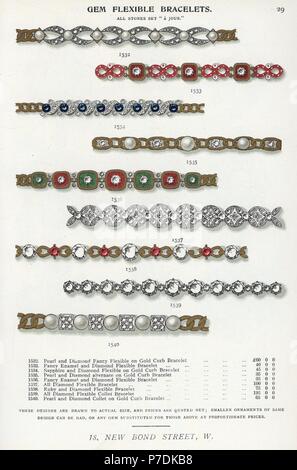 Gem flexible bracelets in pearl, diamond, enamel, sapphire and ruby. Chromolithograph from Edwin Streeter's Gems Catalog, Bond Street, London, circa 1895. Stock Photo