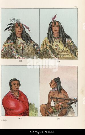 Nez Perce warriors in Sioux dress: Hee-oh'ks-te-kin, Rabbit Skin Leggings 207, and H'co-a-h'co-a-h'cotes-min, No Horns on his Head 208. Chinook boy 209 and Chinook woman and child in cradleboard to flatten its head 210. Handcoloured lithograph from George Catlin's Manners, Customs and Condition of the North American Indians, London, 1841. Stock Photo