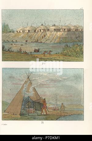 Minataree, Hidatsa or Minnetaree village on the River Knife, and man in a vapour bath or sweat lodge on the river bank. Handcoloured lithograph from George Catlin's Manners, Customs and Condition of the North American Indians, London, 1841. Stock Photo