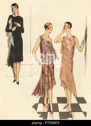 Woman in evening dress of crepe Tiflis, woman in dress of printed muslin, and woman in evening dress of crepe. Illustration by R. Drivon. Handcolored pochoir (stencil) lithograph from the French luxury fashion magazine Art, Gout, Beaute, 1928. Stock Photo