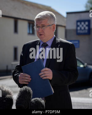 Detective Superintendent Stuart Houston outside Rothesay Police Station, High Street, Isle of Bute giving an update on the investigation after the body of Alesha MacPhail was found in woodland on the site of a former hotel by a member of the public on Monday. Stock Photo