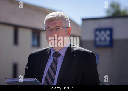 Detective Superintendent Stuart Houston outside Rothesay Police Station, High Street, Isle of Bute giving an update on the investigation after the body of Alesha MacPhail was found in woodland on the site of a former hotel by a member of the public on Monday. Stock Photo