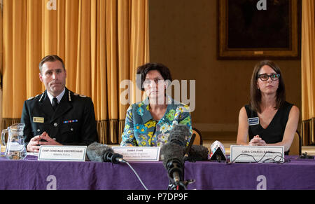 (left to right) Wiltshire Police Chief Constable Kier Pritchard, Public Health England South West Deputy Director Debbie Stark and Cara Charles-Barks, Chief Executive of Salisbury District Hospital at a press conference in Amesbury, Wiltshire giving an update after a couple were left in a critical condition when they were exposed to the nerve agent Novichok. Stock Photo