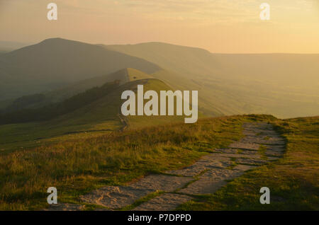 The footpath running along Mam Tor ridge in Derbyshire, England; a classic Peak District walk. Stock Photo