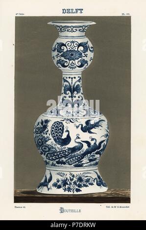 Bottle from Delft, Netherlands, 18th century, decorated with blue peacocks and flowers on a white ground. Hand-finished chromolithograph from Ris Paquot's General History of Ancient French and Foreign Glazed Pottery, Chez l'Auteur, Paris, 1874. Stock Photo