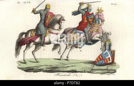King Richard the Lionheart, in chainmail armour on horseback with heraldic shield, and Thomas Plantagenet, 2nd Earl of Lancaster, circa 1314, in helm, chainmail armour, tunic and coats of arms. Handcoloured copperplate engraving by Giarre and Stanghi from Giulio Ferrario's Costumes Ancient and Modern of the Peoples of the World, Florence, 1847. Stock Photo