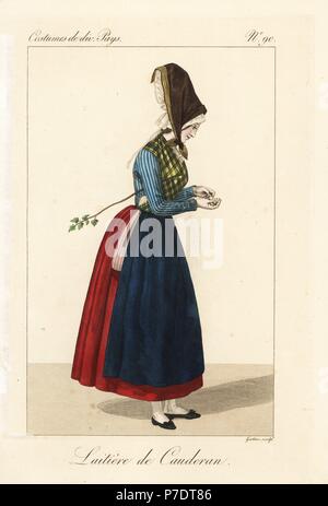 Milkmaid of Cauderan counting coins, Bordeaux, France, 19th century. She wears a tall bonnet in batiste lace covered with a Bearn fichu, check fichu, striped jacket, apron and petticoat. Handcoloured copperplate engraving by Georges Jacques Gatine after an illustration by Louis Marie Lante from Costumes of Various Countries, Costumes de Divers Pays, Paris, 1827. Stock Photo