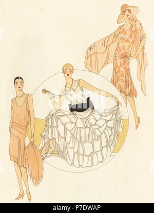 Woman in evening dress of pearly crepe, woman in evening dress of white linen with black bow, and woman in evening dress of printed muslin with scarf. Illustration by J. Dory. Handcolored pochoir (stencil) lithograph from the French luxury fashion magazine Art, Gout, Beaute, 1928. Stock Photo