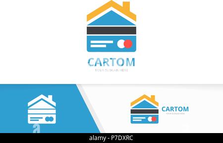 Vector credit card and real estate logo combination. Gift and house symbol or icon. Unique discount and rent logotype design template. Stock Vector