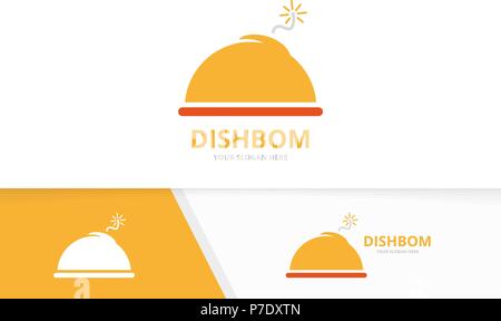 Vector dish and bomb logo combination. Plate and detonate symbol or icon. Unique kitchen and weapon logotype design template. Stock Vector