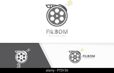 Vector movie and bomb logo combination. Cinema and detonate symbol or icon. Unique film and weapon logotype design template. Stock Vector