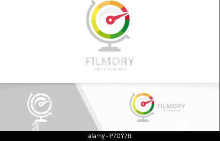 Vector speedometer and globe logo combination. Tachometer and planet symbol or icon. Unique speedo logotype design template. Stock Vector