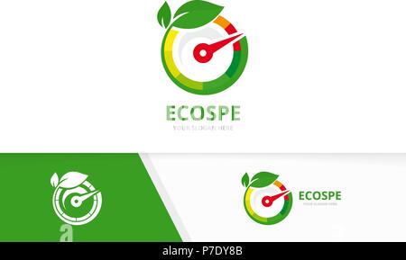 Vector speedometer and leaf logo combination. Tachometer and plant symbol or icon. Unique speedo and organic logotype design template. Stock Vector