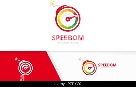 Vector speedometer and bomb logo combination. Tachometer and detonate symbol or icon. Unique speedo and weapon logotype design template. Stock Vector