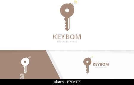 Vector key and bomb logo combination. Lock and detonate symbol or icon. Unique house and weapon logotype design template. Stock Vector