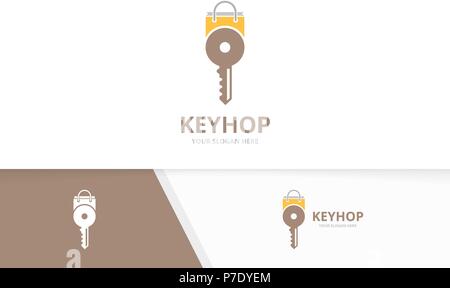 Vector key and shop logo combination. Lock and sale symbol or icon. Unique house and market logotype design template. Stock Vector