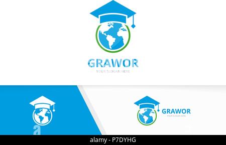 Vector world and graduate hat logo combination. Earth and study symbol or icon. Unique globe and college logotype design template. Stock Vector