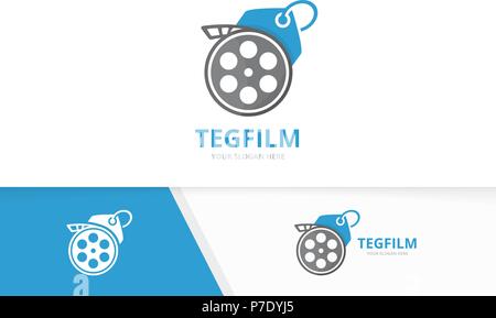 Vector movie and tag logo combination. Cinema and shop symbol or icon. Unique film and label logotype design template. Stock Vector