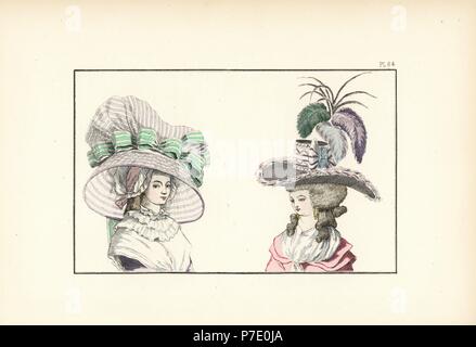 Woman in large striped bonnet-hat over a gauze night cap, and woman in black felt hat with feather trim, ribbons and plumes. Handcoloured lithograph from Fashions and Customs of Marie Antoinette and her Times, by Le Comte de Reiset, Paris, 1885. The journal of Madame Eloffe, dressmaker and linen-merchant to the Queen and ladies of the court. Stock Photo